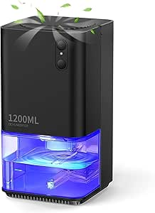 Dehumidifier for Home Damp, EasyAcc 1200ml Electric Dehumidifier with Ultra Quiet & Auto Shut off 7 Colorful LED Portable Mini for Wardrobe Bathroom Closet RV Bedroom Garage-Black